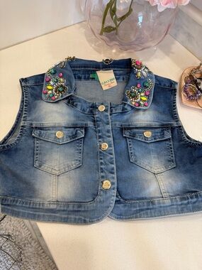 Embellished Blue Denim Vest with Jeweled Collar -